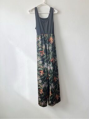 SHEIN Black Tank Floral Wide-Leg Jumpsuit with Tropical Print